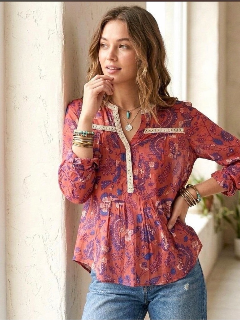 Maeve Anthropology Peasant Top Abella Butterfly and Floral Cotton Blouse